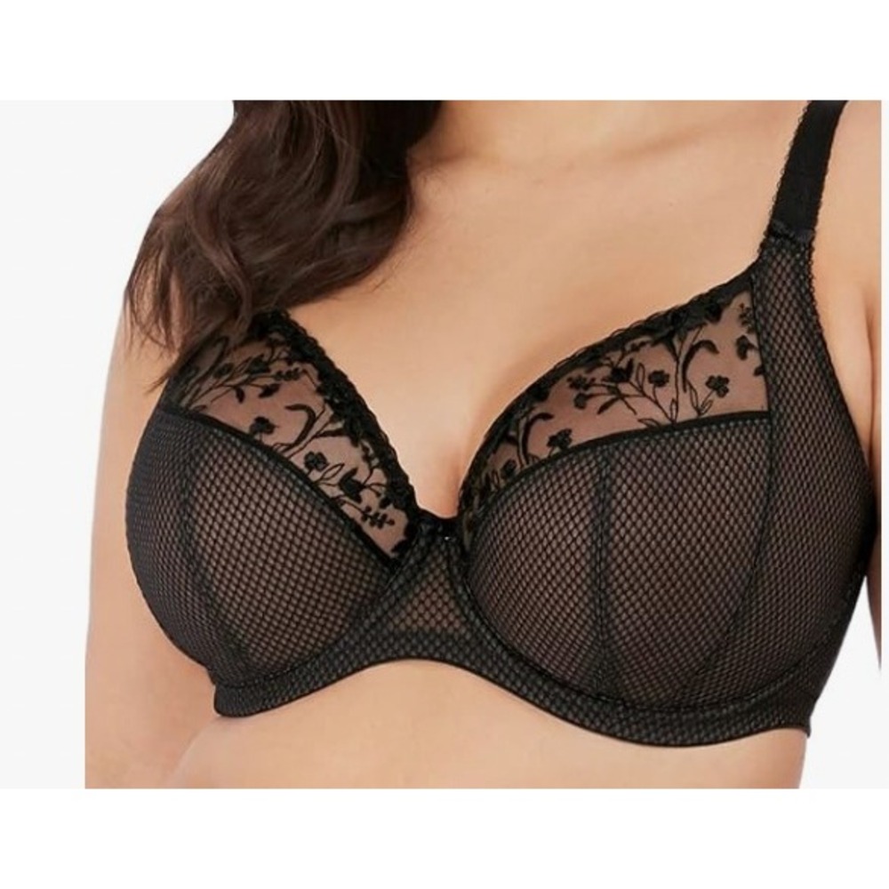Elomi Charley Underwire Plunge Bra US 36H Black Mesh Floral Embroidered Sheer